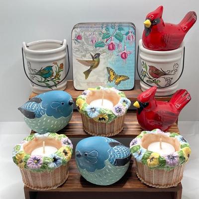 LOT 165: Bird / Garden Themed Collection - Yankee Candle Tea Light Holders, Pimpernel Hummingbird Coasters, Cardinal Salt and Pepper...