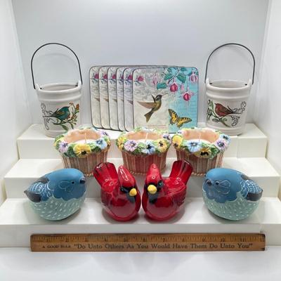 LOT 165: Bird / Garden Themed Collection - Yankee Candle Tea Light Holders, Pimpernel Hummingbird Coasters, Cardinal Salt and Pepper...