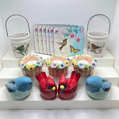 LOT 165: Bird / Garden Themed Collection - Yankee Candle Tea Light Holders, Pimpernel Hummingbird Coasters, Cardinal Salt and Pepper...