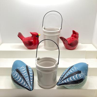 LOT 165: Bird / Garden Themed Collection - Yankee Candle Tea Light Holders, Pimpernel Hummingbird Coasters, Cardinal Salt and Pepper...