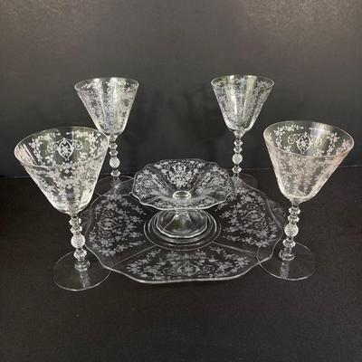 LOT 168: Vintage Entertaining Collection - Crown Glass Decanter, Kluk Kluk Glass Decanter and Etched Cambridge Style Glassware Set