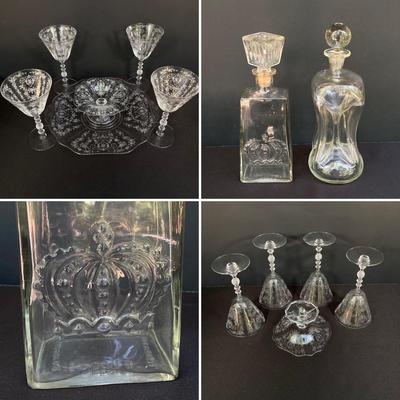 LOT 168: Vintage Entertaining Collection - Crown Glass Decanter, Kluk Kluk Glass Decanter and Etched Cambridge Style Glassware Set