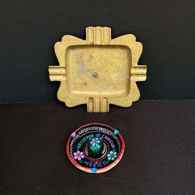 LOT 169: Assa Chourico Terracotta Cooking Dish, Girl With No Face Pottery Figurine, Brass Ashtray, Wooden Cigar Box and Cancun Mexico...