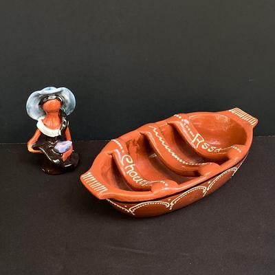 LOT 169: Assa Chourico Terracotta Cooking Dish, Girl With No Face Pottery Figurine, Brass Ashtray, Wooden Cigar Box and Cancun Mexico...