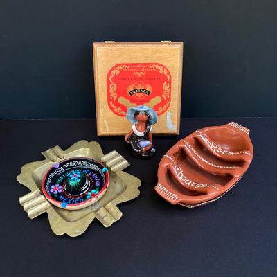 LOT 169: Assa Chourico Terracotta Cooking Dish, Girl With No Face Pottery Figurine, Brass Ashtray, Wooden Cigar Box and Cancun Mexico...