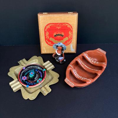 LOT 169: Assa Chourico Terracotta Cooking Dish, Girl With No Face Pottery Figurine, Brass Ashtray, Wooden Cigar Box and Cancun Mexico...