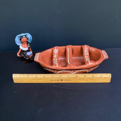 LOT 169: Assa Chourico Terracotta Cooking Dish, Girl With No Face Pottery Figurine, Brass Ashtray, Wooden Cigar Box and Cancun Mexico...