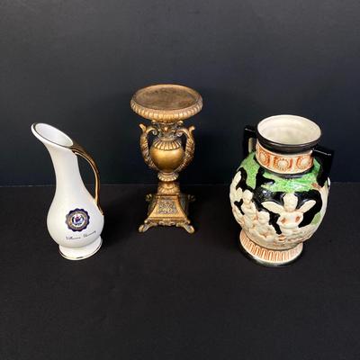 LOT 170: Vintage Decorative Collection - Cobalt Blue Shell, Greek Style Cherub Vase, Trimont Ware Japan Bowl, Villanova University Bud...