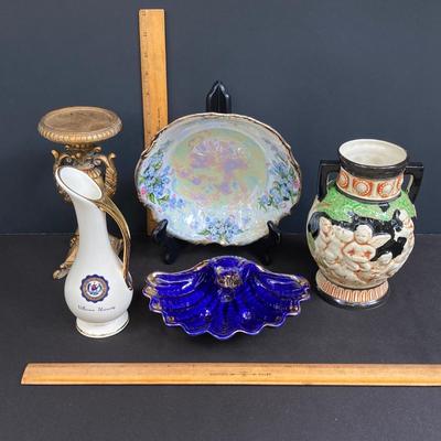 LOT 170: Vintage Decorative Collection - Cobalt Blue Shell, Greek Style Cherub Vase, Trimont Ware Japan Bowl, Villanova University Bud...