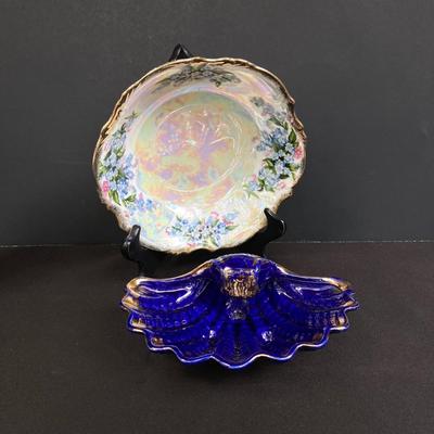 LOT 170: Vintage Decorative Collection - Cobalt Blue Shell, Greek Style Cherub Vase, Trimont Ware Japan Bowl, Villanova University Bud...