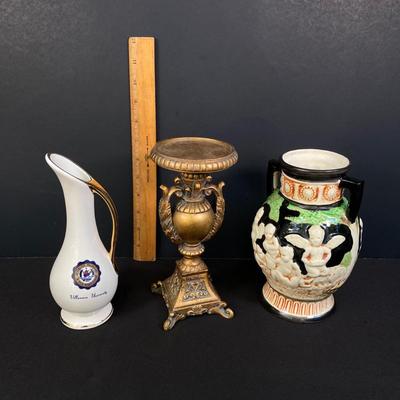 LOT 170: Vintage Decorative Collection - Cobalt Blue Shell, Greek Style Cherub Vase, Trimont Ware Japan Bowl, Villanova University Bud...