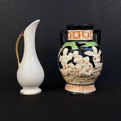 LOT 170: Vintage Decorative Collection - Cobalt Blue Shell, Greek Style Cherub Vase, Trimont Ware Japan Bowl, Villanova University Bud...