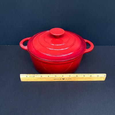 LOT 171: Red Enamel Dutch Oven and Orange / Red Le Creuset Oval Baking Dish