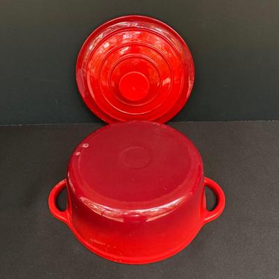 LOT 171: Red Enamel Dutch Oven and Orange / Red Le Creuset Oval Baking Dish
