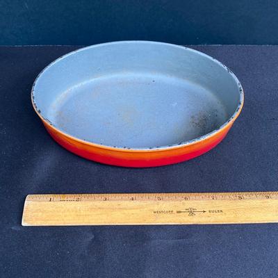 LOT 171: Red Enamel Dutch Oven and Orange / Red Le Creuset Oval Baking Dish