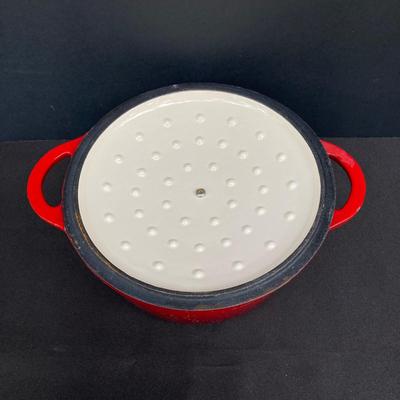 LOT 171: Red Enamel Dutch Oven and Orange / Red Le Creuset Oval Baking Dish