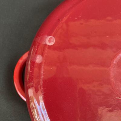 LOT 171: Red Enamel Dutch Oven and Orange / Red Le Creuset Oval Baking Dish
