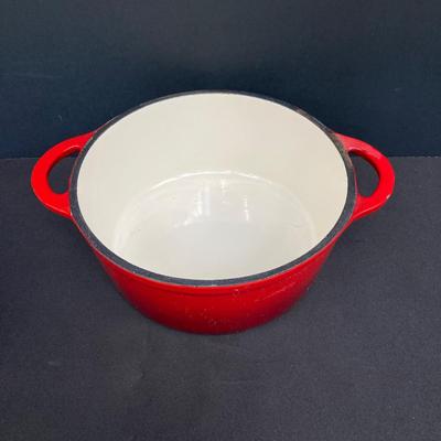 LOT 171: Red Enamel Dutch Oven and Orange / Red Le Creuset Oval Baking Dish