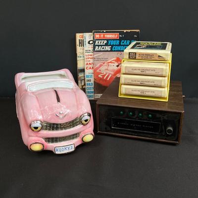 LOT 172: Vintage Sears Roebuck and Co. 8 Track Player Model 400 9101 0300, Elvis 8 Track Tapes, Car Books and Kooky2 Pink Cadillac Candy...