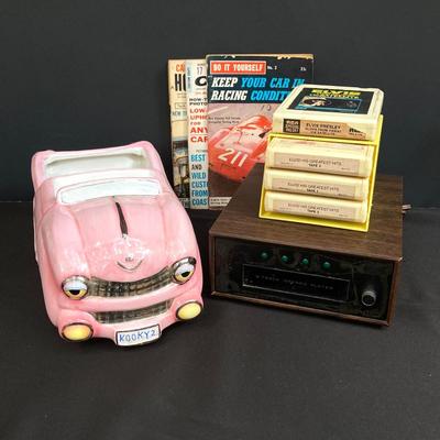 LOT 172: Vintage Sears Roebuck and Co. 8 Track Player Model 400 9101 0300, Elvis 8 Track Tapes, Car Books and Kooky2 Pink Cadillac Candy...