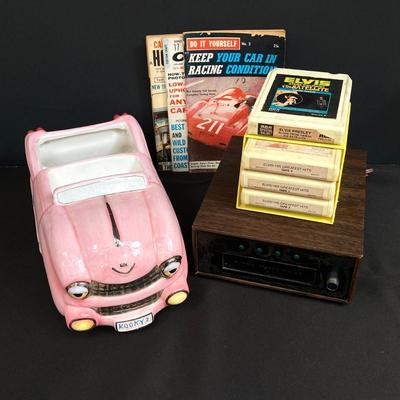 LOT 172: Vintage Sears Roebuck and Co. 8 Track Player Model 400 9101 0300, Elvis 8 Track Tapes, Car Books and Kooky2 Pink Cadillac Candy...