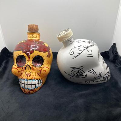 LOT 177: Pair of Kah Tequila Scull Bottles / Decanters, Set of Four Rocks Glasses and Glass Bottle with Wire Bail Swing Top Lid