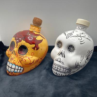 LOT 177: Pair of Kah Tequila Scull Bottles / Decanters, Set of Four Rocks Glasses and Glass Bottle with Wire Bail Swing Top Lid