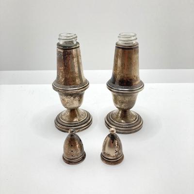 LOT 65: Damask Rose Heirloom Weighted Reinforced Sterling Pedestal Bowl and Crown Weighted Sterling Salt and Pepper Shakers