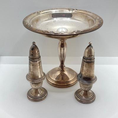 LOT 65: Damask Rose Heirloom Weighted Reinforced Sterling Pedestal Bowl and Crown Weighted Sterling Salt and Pepper Shakers