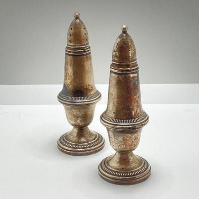LOT 65: Damask Rose Heirloom Weighted Reinforced Sterling Pedestal Bowl and Crown Weighted Sterling Salt and Pepper Shakers