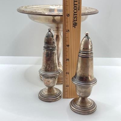 LOT 65: Damask Rose Heirloom Weighted Reinforced Sterling Pedestal Bowl and Crown Weighted Sterling Salt and Pepper Shakers