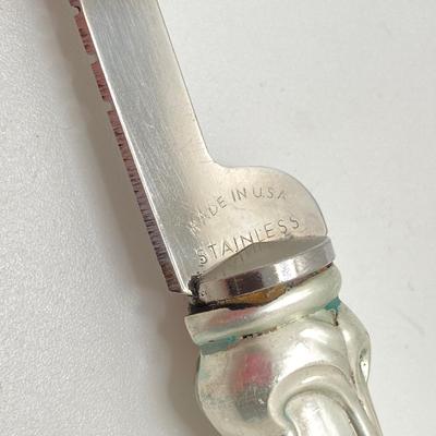 LOT 66: Gorham Sterling Silver Monogrammed Sugar Cube Tongs (25.2 gtw), Weighted Sterling / Stainless Knives, Serving Utensils and...