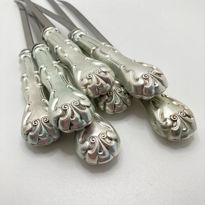 LOT 66: Gorham Sterling Silver Monogrammed Sugar Cube Tongs (25.2 gtw), Weighted Sterling / Stainless Knives, Serving Utensils and...