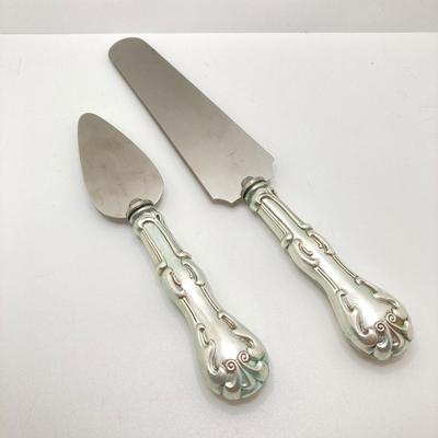 LOT 66: Gorham Sterling Silver Monogrammed Sugar Cube Tongs (25.2 gtw), Weighted Sterling / Stainless Knives, Serving Utensils and...