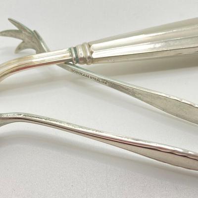 LOT 66: Gorham Sterling Silver Monogrammed Sugar Cube Tongs (25.2 gtw), Weighted Sterling / Stainless Knives, Serving Utensils and...
