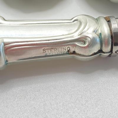 LOT 66: Gorham Sterling Silver Monogrammed Sugar Cube Tongs (25.2 gtw), Weighted Sterling / Stainless Knives, Serving Utensils and...