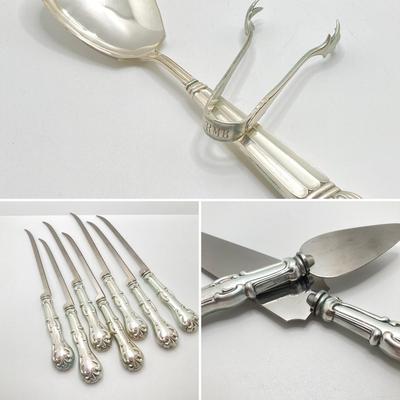 LOT 66: Gorham Sterling Silver Monogrammed Sugar Cube Tongs (25.2 gtw), Weighted Sterling / Stainless Knives, Serving Utensils and...