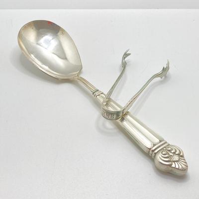 LOT 66: Gorham Sterling Silver Monogrammed Sugar Cube Tongs (25.2 gtw), Weighted Sterling / Stainless Knives, Serving Utensils and...
