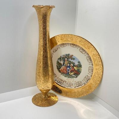 LOT 67: Collection of Home Decor - Gold Tone Vase, Sabin Crest-O-Gold 22K Souvenir New York, NY Plate, Leaning Tower of Pisa Candlestick...