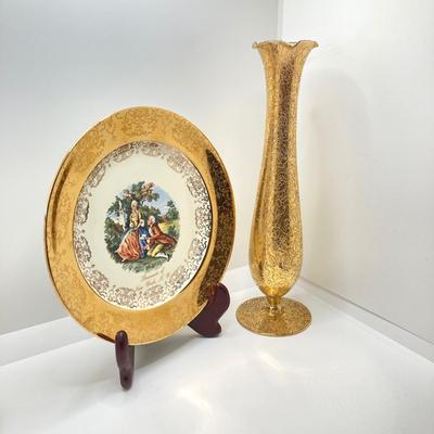LOT 67: Collection of Home Decor - Gold Tone Vase, Sabin Crest-O-Gold 22K Souvenir New York, NY Plate, Leaning Tower of Pisa Candlestick...