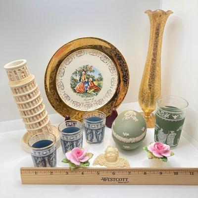LOT 67: Collection of Home Decor - Gold Tone Vase, Sabin Crest-O-Gold 22K Souvenir New York, NY Plate, Leaning Tower of Pisa Candlestick...
