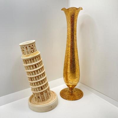 LOT 67: Collection of Home Decor - Gold Tone Vase, Sabin Crest-O-Gold 22K Souvenir New York, NY Plate, Leaning Tower of Pisa Candlestick...