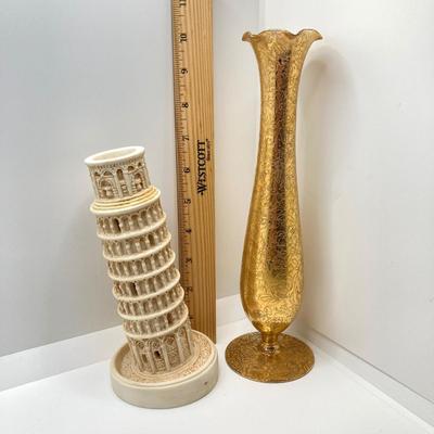 LOT 67: Collection of Home Decor - Gold Tone Vase, Sabin Crest-O-Gold 22K Souvenir New York, NY Plate, Leaning Tower of Pisa Candlestick...
