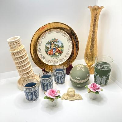 LOT 67: Collection of Home Decor - Gold Tone Vase, Sabin Crest-O-Gold 22K Souvenir New York, NY Plate, Leaning Tower of Pisa Candlestick...