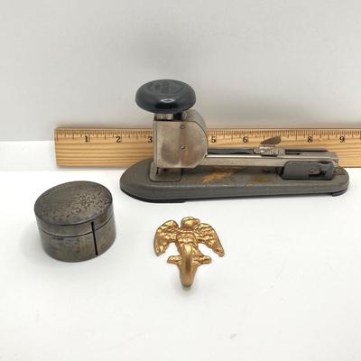 LOT 68: Vintage Office Supplies and More - Personalized Sterling Stamp Holder (50.5 gtw), Arrow 203 Stapler, Pickett Microline Ruler with...