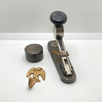 LOT 68: Vintage Office Supplies and More - Personalized Sterling Stamp Holder (50.5 gtw), Arrow 203 Stapler, Pickett Microline Ruler with...