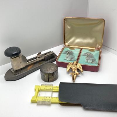 LOT 68: Vintage Office Supplies and More - Personalized Sterling Stamp Holder (50.5 gtw), Arrow 203 Stapler, Pickett Microline Ruler with...
