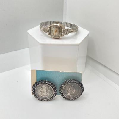 LOT 69: Vintage Jewelry and Accessories - Swiss Bulova Ladies Watch 10K Gold Filled, Queen Elizabeth The Second Clip-on Earrings, Abalone...