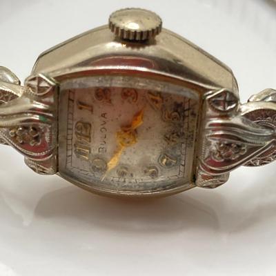 LOT 69: Vintage Jewelry and Accessories - Swiss Bulova Ladies Watch 10K Gold Filled, Queen Elizabeth The Second Clip-on Earrings, Abalone...