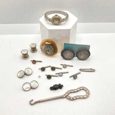 LOT 69: Vintage Jewelry and Accessories - Swiss Bulova Ladies Watch 10K Gold Filled, Queen Elizabeth The Second Clip-on Earrings, Abalone...
